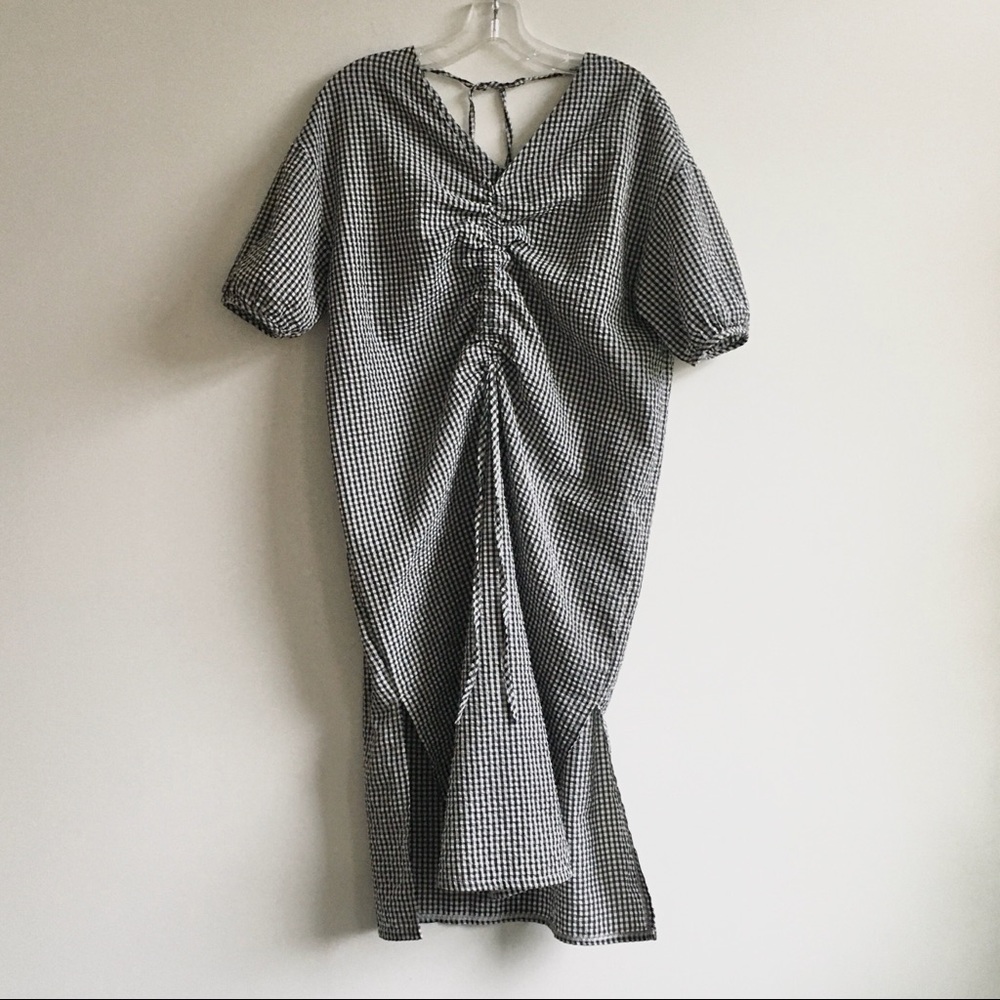 Gingham check black white crinkled ruched cottagecore midi dress